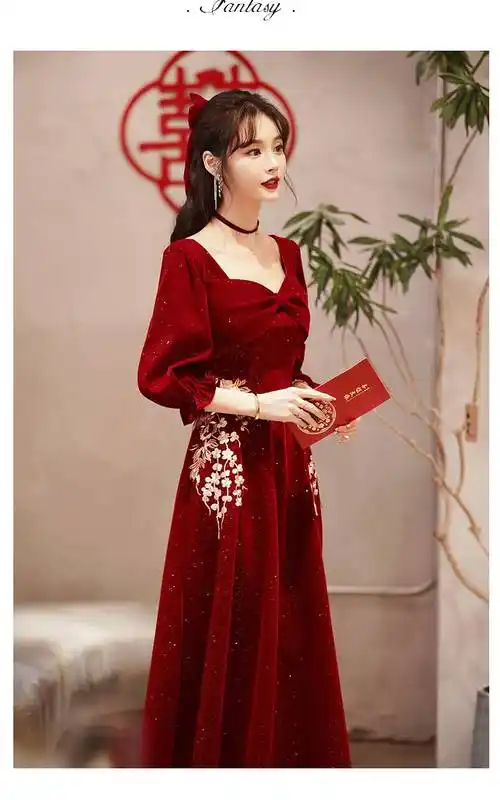 富贵鸟敬酒服新娘平时可穿丝绒长袖新款在逃公主酒红色服结婚礼服女