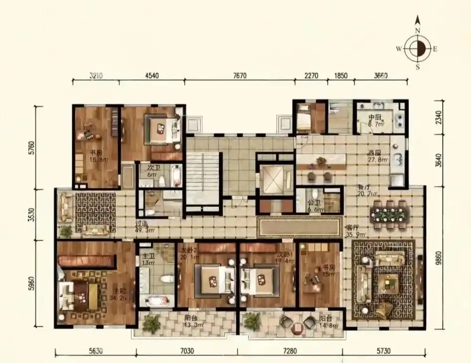 这是一款奢华的大平层户型,实用性很强