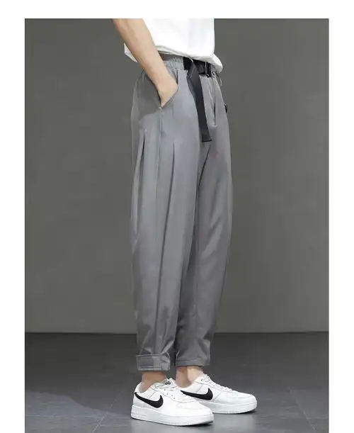 冰丝裤子男潮流宽松夏季薄款束脚休闲裤垂感弹力男士九分小西装裤