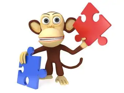 3d 可爱的猴子,用红色和蓝色的拼图照片