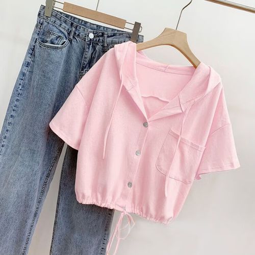 乔骏晟短袖纽扣t恤女2024潮夏装学生宽松百搭半袖原宿风t恤系带上衣