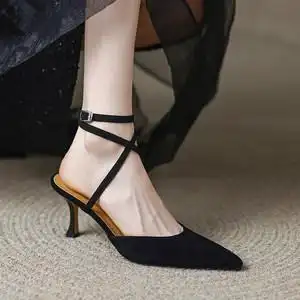 海鱼恋羊皮绑带尖头高跟鞋女细跟2022年夏新款绒面仙女风包头凉鞋