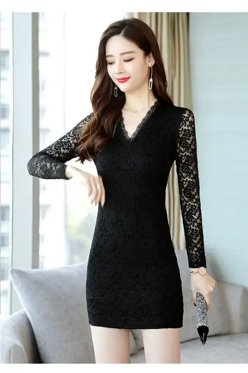 【高端轻奢】修身显瘦洋气打底裙女士气质领包臀长袖镂空蕾丝连衣裙