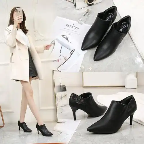 裸靴女春秋单靴及踝靴真皮皮鞋女高跟细跟中跟软皮尖头加绒短靴女