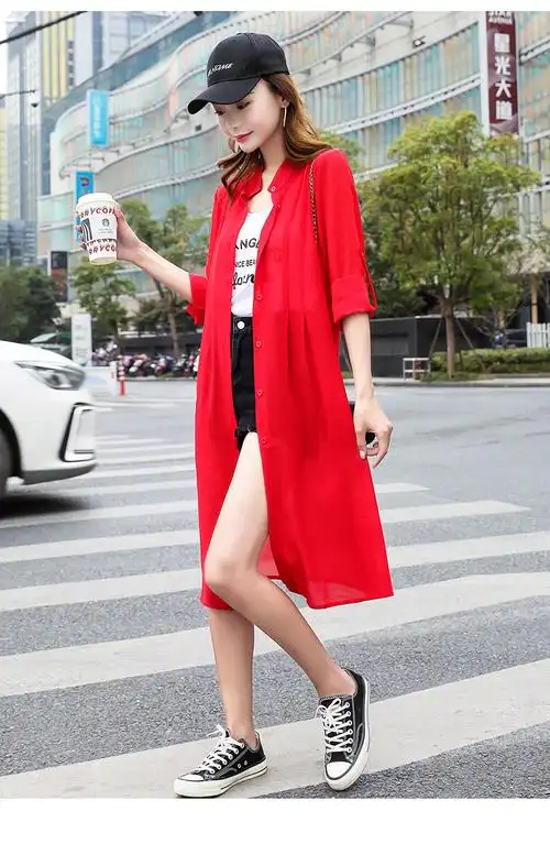 夏天穿的纱衣海边度假防晒衣女中长款披肩夏季外搭开衫薄款披风外套