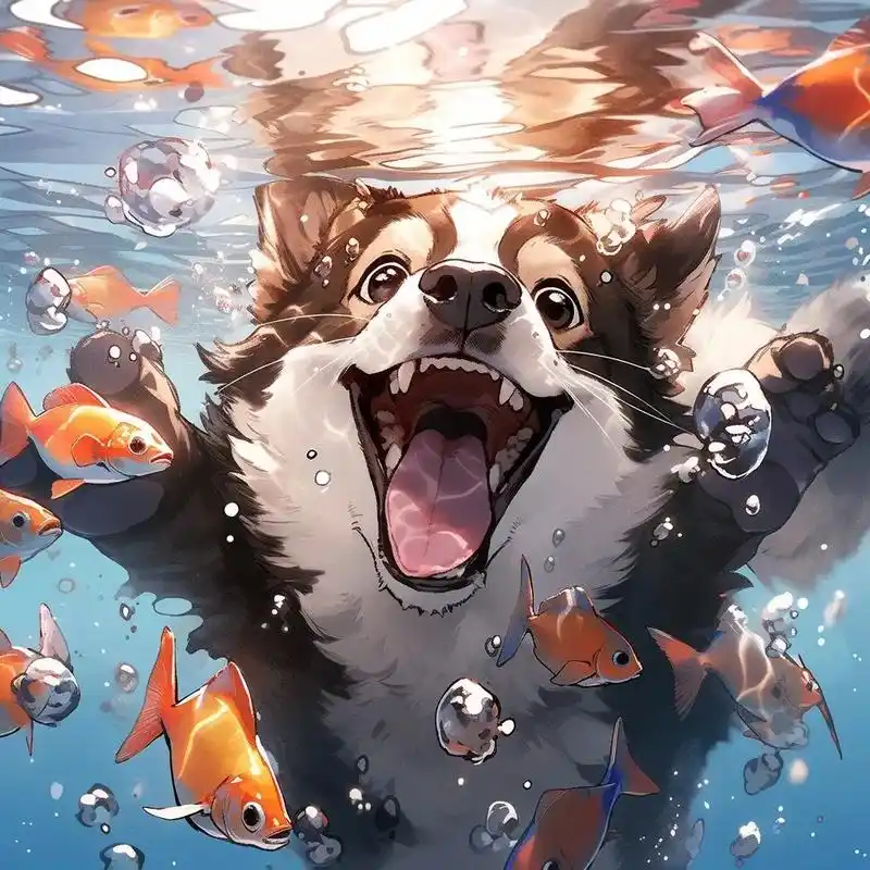 在清澈的小河里,可爱的小狗奋力游着,它的四 - 抖音