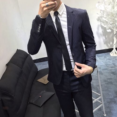 韩国新款时尚英伦帅气西服套装男韩版修身青年条纹西装两件套 潮