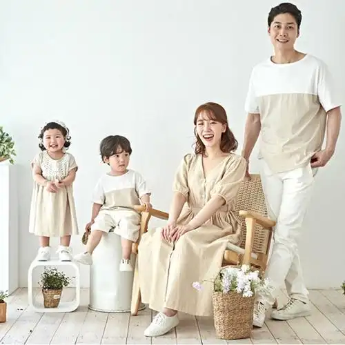 韩国亲子装夏装一家四口棉麻连衣裙母女母子装短袖t恤拍照全家福