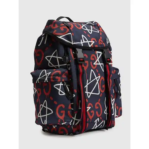 gucci古驰小精灵系列gg星星涂鸦欧美时尚抽带搭扣织物双肩包背包