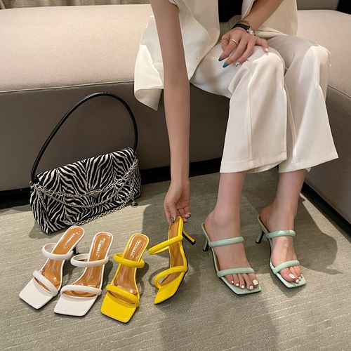 一字带高跟凉拖2022夏季新款百搭法式显瘦方头露趾性感细跟凉鞋女