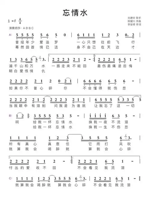 忘情水智能简谱-苍强曲谱