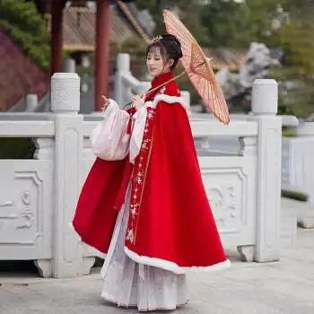 长款加绒加厚古风披肩中国风古装披风古风 5678大红色斗篷衣长110cm