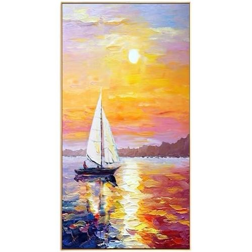 现代纯手绘简约海上日出一帆风顺油画装饰画玄关走廊客厅竖版挂画