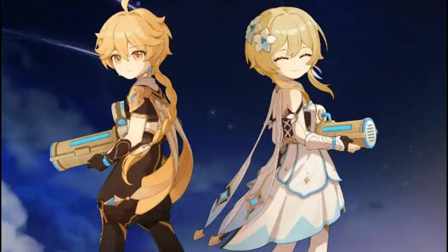 原神「清洁大作战」可爱的空荧兄妹动态图提取,片尾带绿幕素材