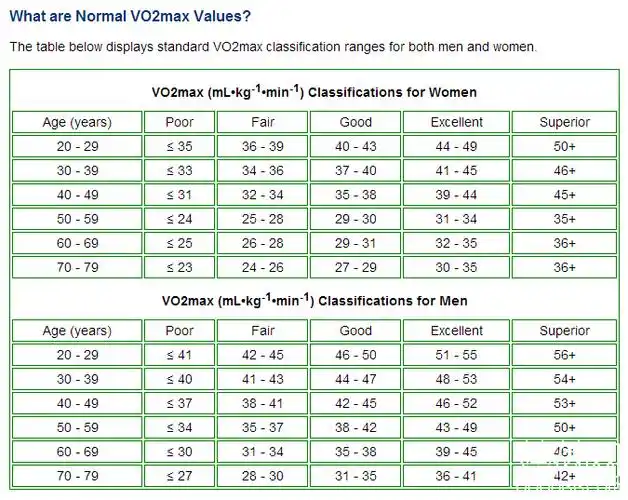 最大摄氧量参考值表