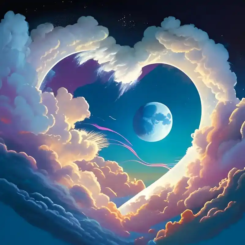 治愈系风景 蓝色的天空心形的云朵,心形中间空心的,弯弯的月 - 兑音