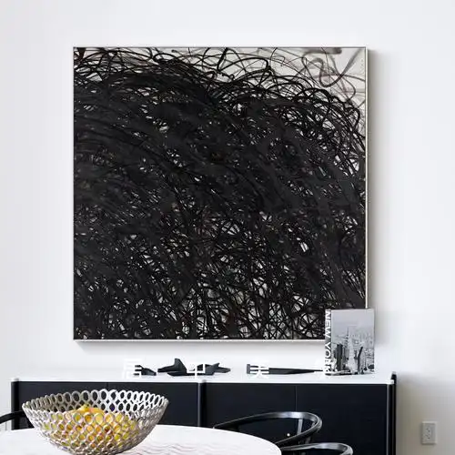 黑白现代简约客厅装饰画入户玄关大幅抽象画飞线涂鸦艺术墙壁挂画