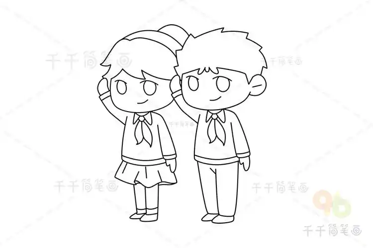 两个孩子敬礼的简笔画