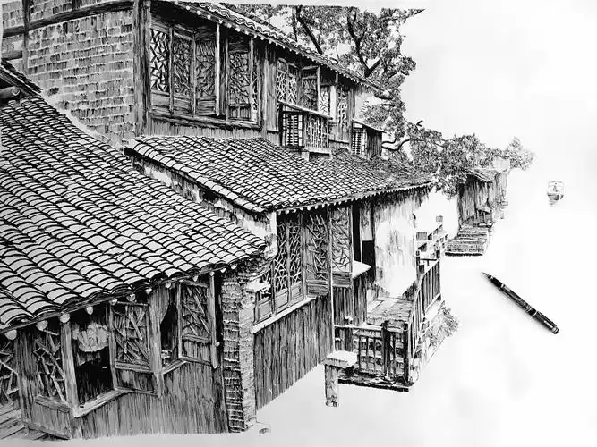 钢笔画江南水乡