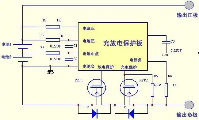 过充电控制管fet2和过放电控制管fet1串联于电路,由保护ic监视电池