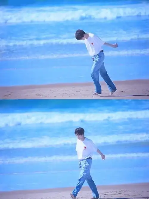 朱正廷海边戏水照清爽阳光下的绝世美颜清新又养眼