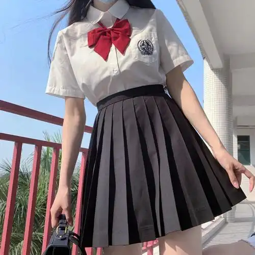 芩芙泰式校服jk制服短裙正统绀色学生色百褶裙半身裙调节扣黑色调节