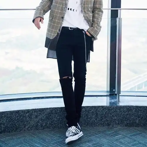 王一博李振宁同款潮牌破洞裤子一字水洗牛仔裤