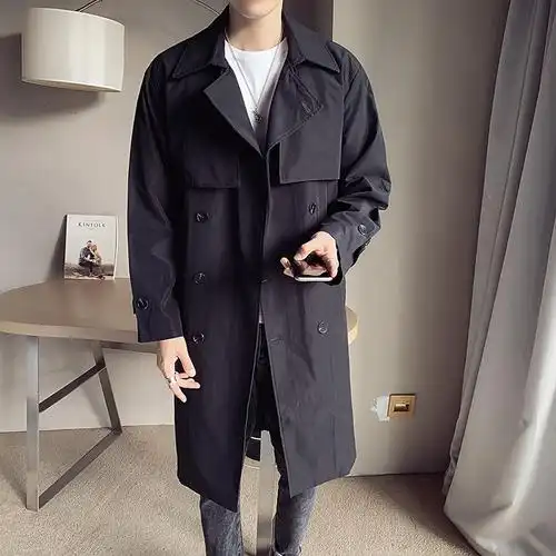 newlake风衣男中长款秋冬英伦外套青年卡其色披风过膝双排扣大衣潮牌