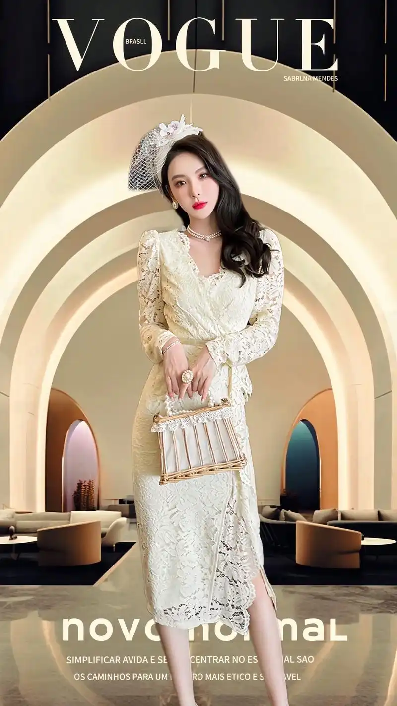 姐妹们~白色蕾丝连衣裙新款女装高端气质轻奢名媛礼服裙子中长款 - 抖