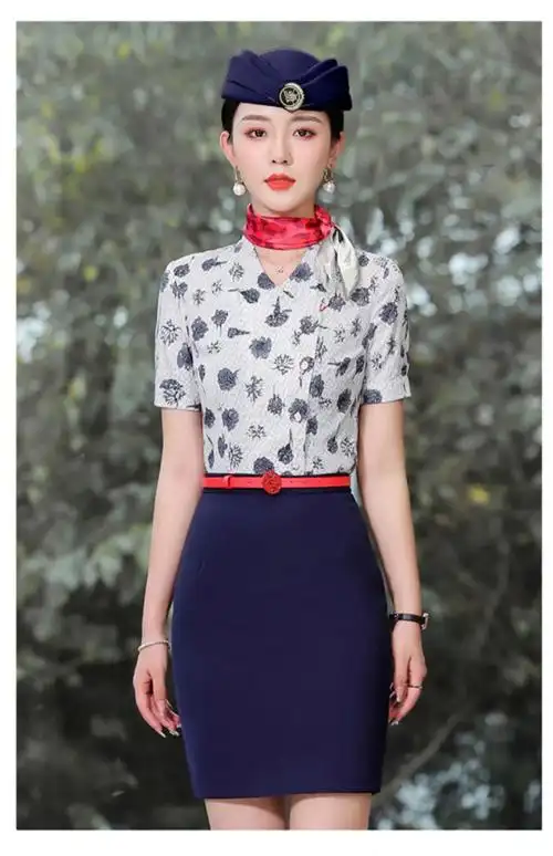 【新品】东航空姐制服职业套装女夏短袖衬衫青花瓷气质长袖衬衣酒店
