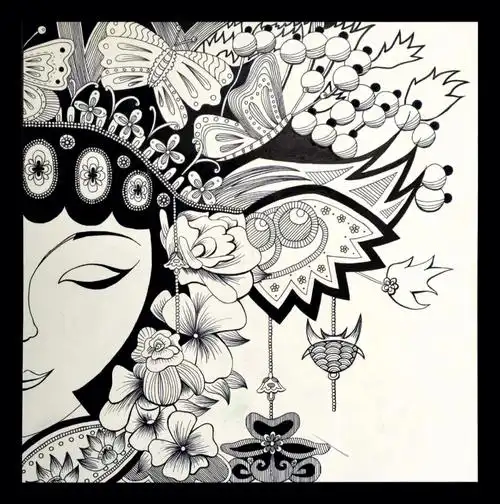 画画是会上瘾的#画画  #黑白装饰画  #线描 #京剧 #花旦  #控笔 #细节