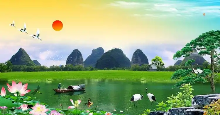 广东深圳客厅电视沙发书房背景定制 3d自粘壁纸 中式山水风景墙纸