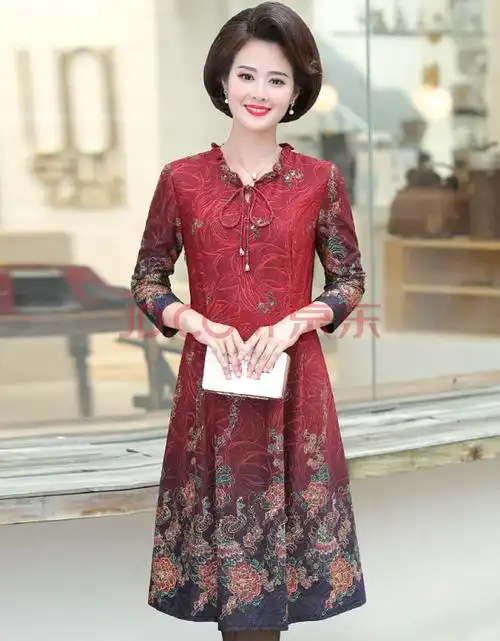 女装潮妈妈春装连衣裙40岁50洋气中年女装长袖显瘦裙子春秋衣服 红色