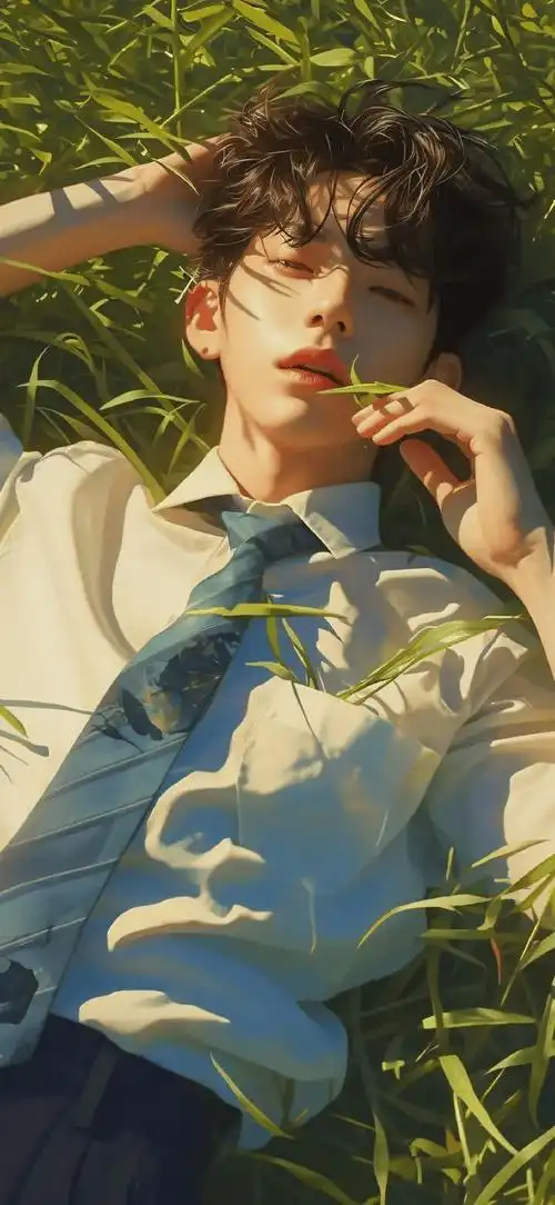 壁纸仰躺草地的动漫美少年壁纸