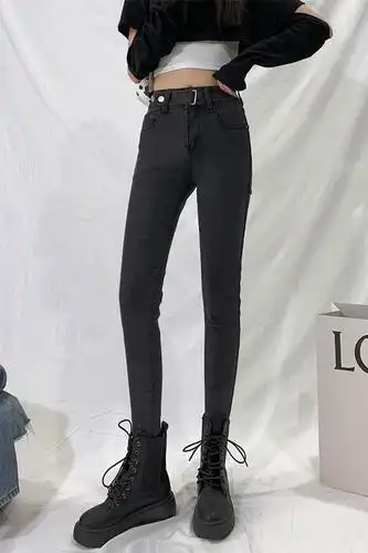 实拍烟灰色牛仔裤女2020秋冬季新款高腰修身显瘦显高紧身小脚九分