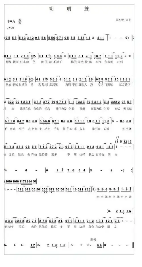 谁能帮忙找一下周杰伦明明就的钢琴双手简谱,,,,只有数字的 或者