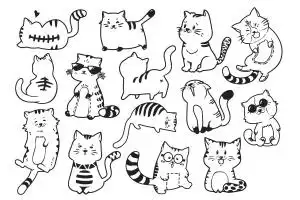 可爱有趣卡通猫涂鸦手绘矢量图案素材cuteandfunnycatsdoodlevector