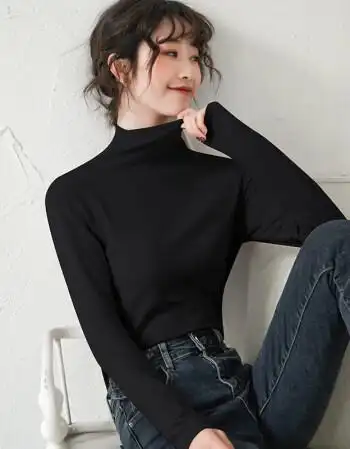 毅翰棉质黑色半高领修身长袖打底衫女加绒春秋冬内搭洋气2021新款上