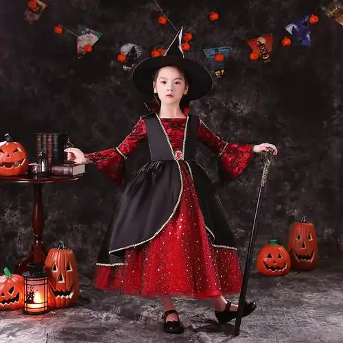 万圣节儿童服装女童女巫演出服吸血鬼新娘公主小女孩舞会儿童礼服