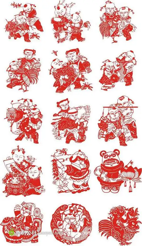中国传统民间剪纸艺术孩童剪纸矢量素材