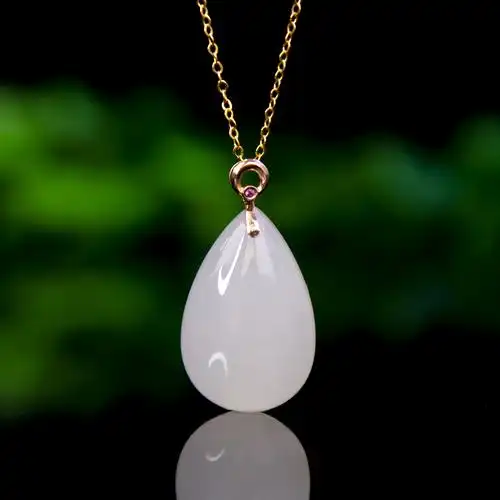 水贝之星18k金扣头和田白玉圆牌吊坠女士玉圆形吊坠赠925银项链