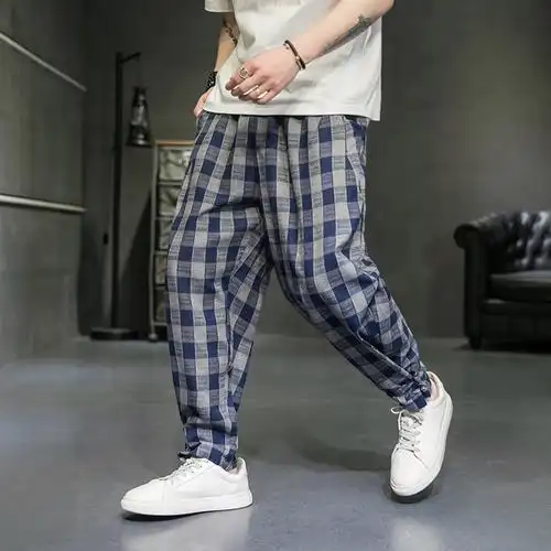 夏季新款亚麻裤子男士大码格子直筒九分潮流休闲裤