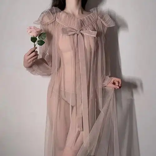 迷醉森林私房少女薄纱睡衣透视长裙性感蝴蝶结泡泡花边睡裙家居服