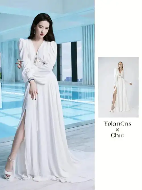 刘亦菲品牌活动图白色高开叉礼服高雅大方