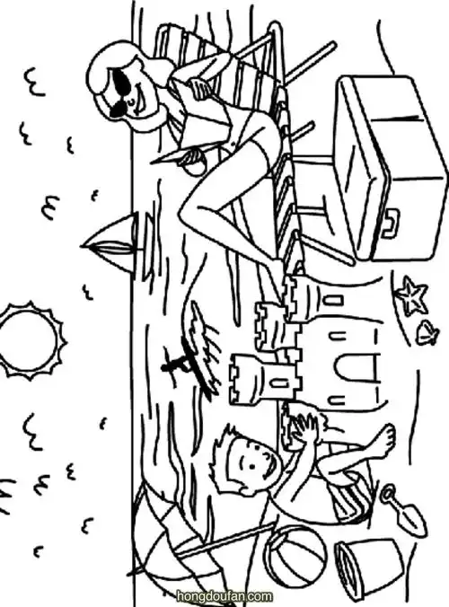 晒太阳的妈妈和堆沙子的小朋友涂色卡通图片大全-红豆饭小学生简笔画