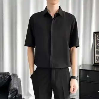 免熨烫衬衫男士短袖夏季冰丝薄款宽松休闲衬衣发型师半袖上衣黑色m