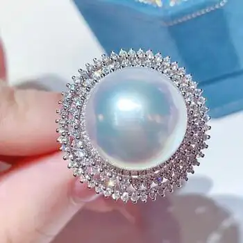 莫氏珠宝澳洲南洋海水珍珠白珠戒指18k钻石镶嵌豪华三圈钻花瓣设计款