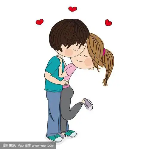 一对年轻的恋人站在那里,拥抱亲吻.原始手绘插图.