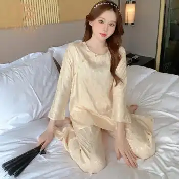 莫代尔睡衣女新春薄款长袖冰丝圆领开衫套装新款仿真丝绸家居服夏香槟