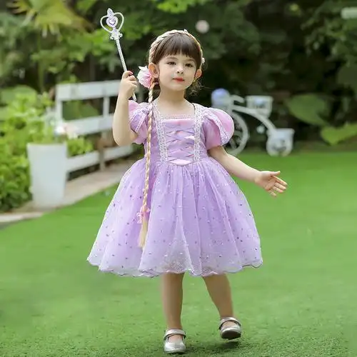 新款童装纯制棉可爱索菲亚长发公主童裙女童连紫色衣裙儿童演出服